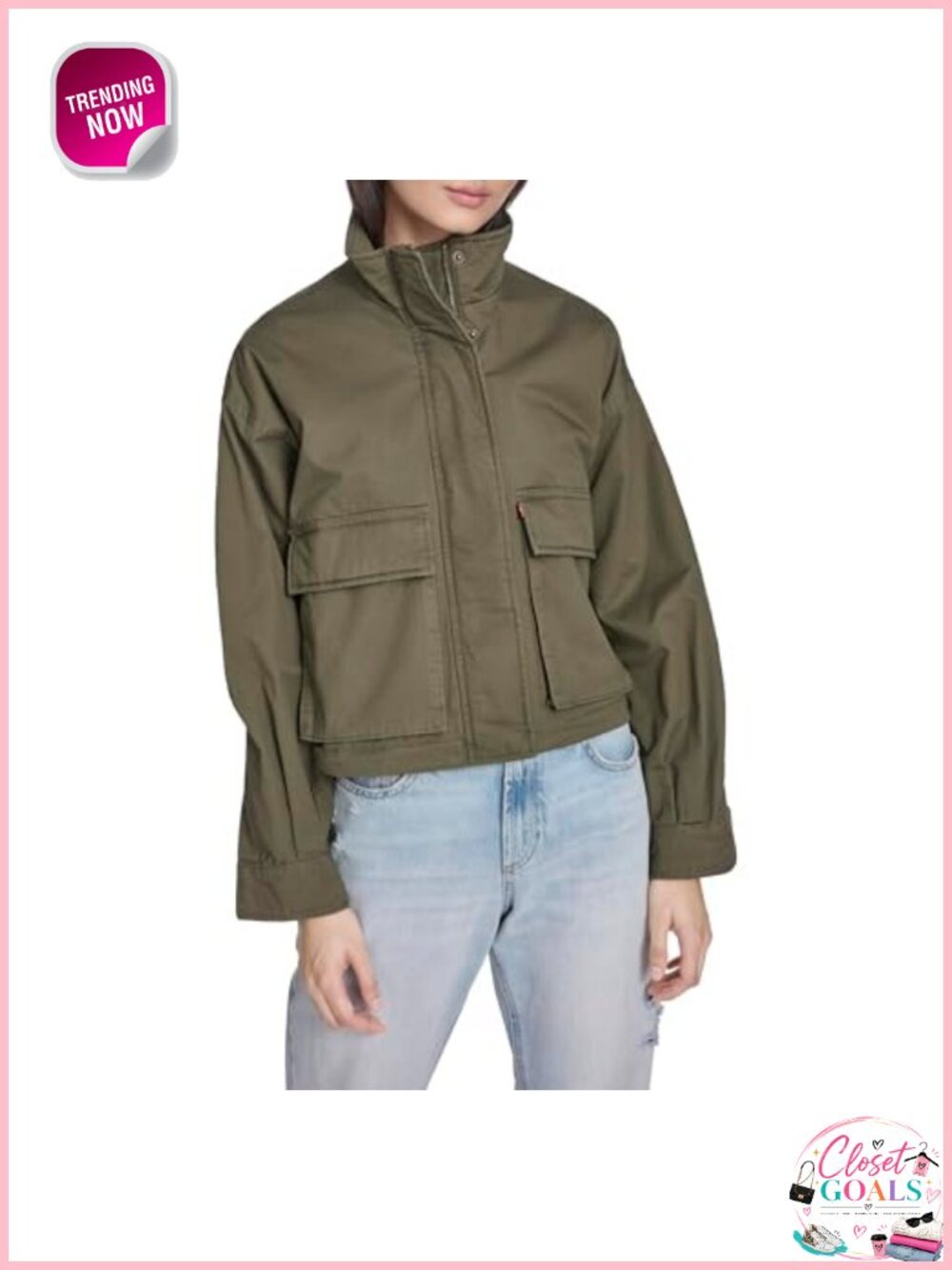 Cropped Cotton Surplus Jacket Stand Collar Zip Snap Pockets Puff Sleeve
